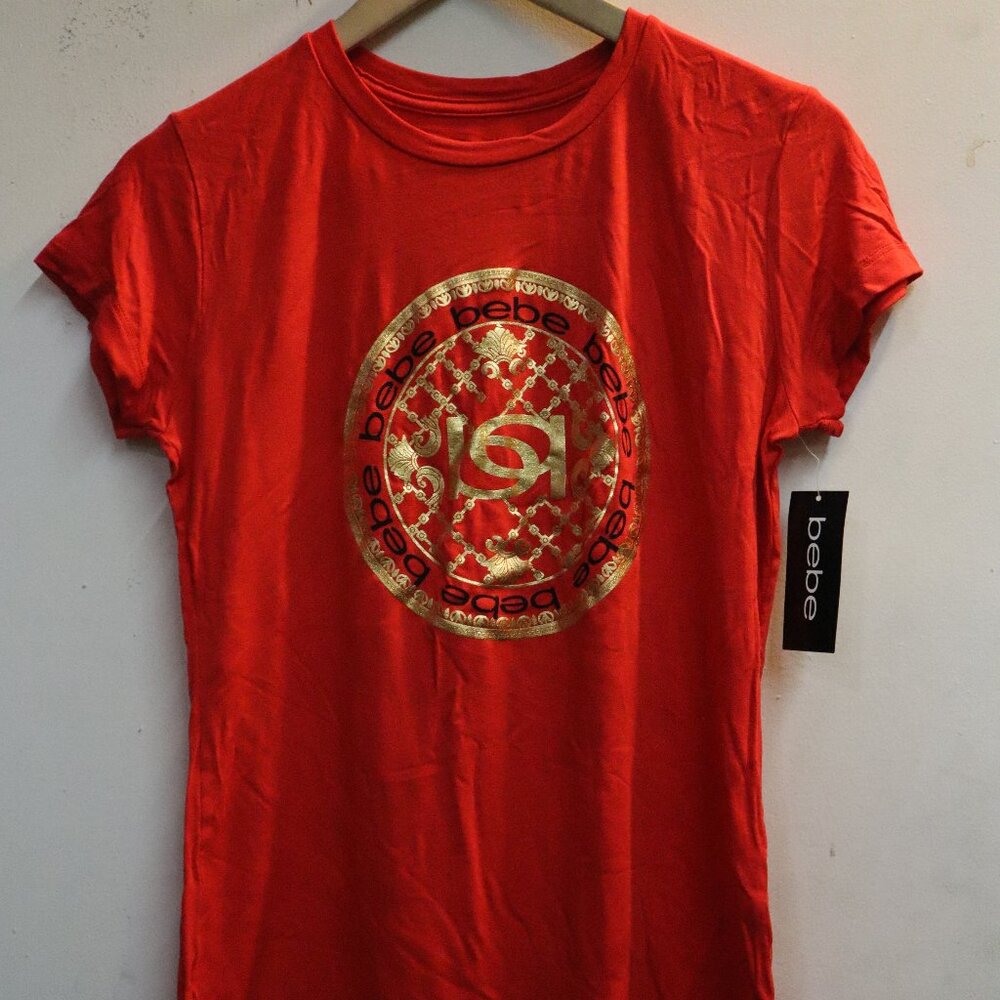 Bebe Red and Gold Graphic T-Shirt